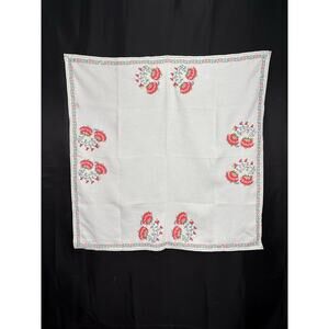 Vintage Hand Embroidered Floral Cotton Square Tablecloth Napkins Folk Needlework